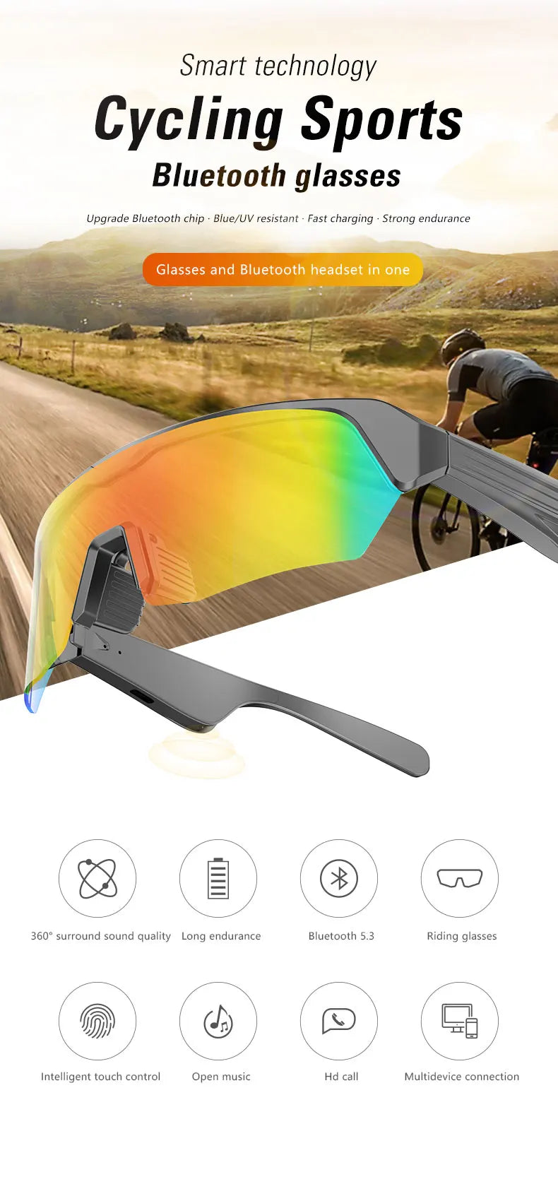 Bluetooth Cycling Glasses, Audio, Sunglasses, UV Protection