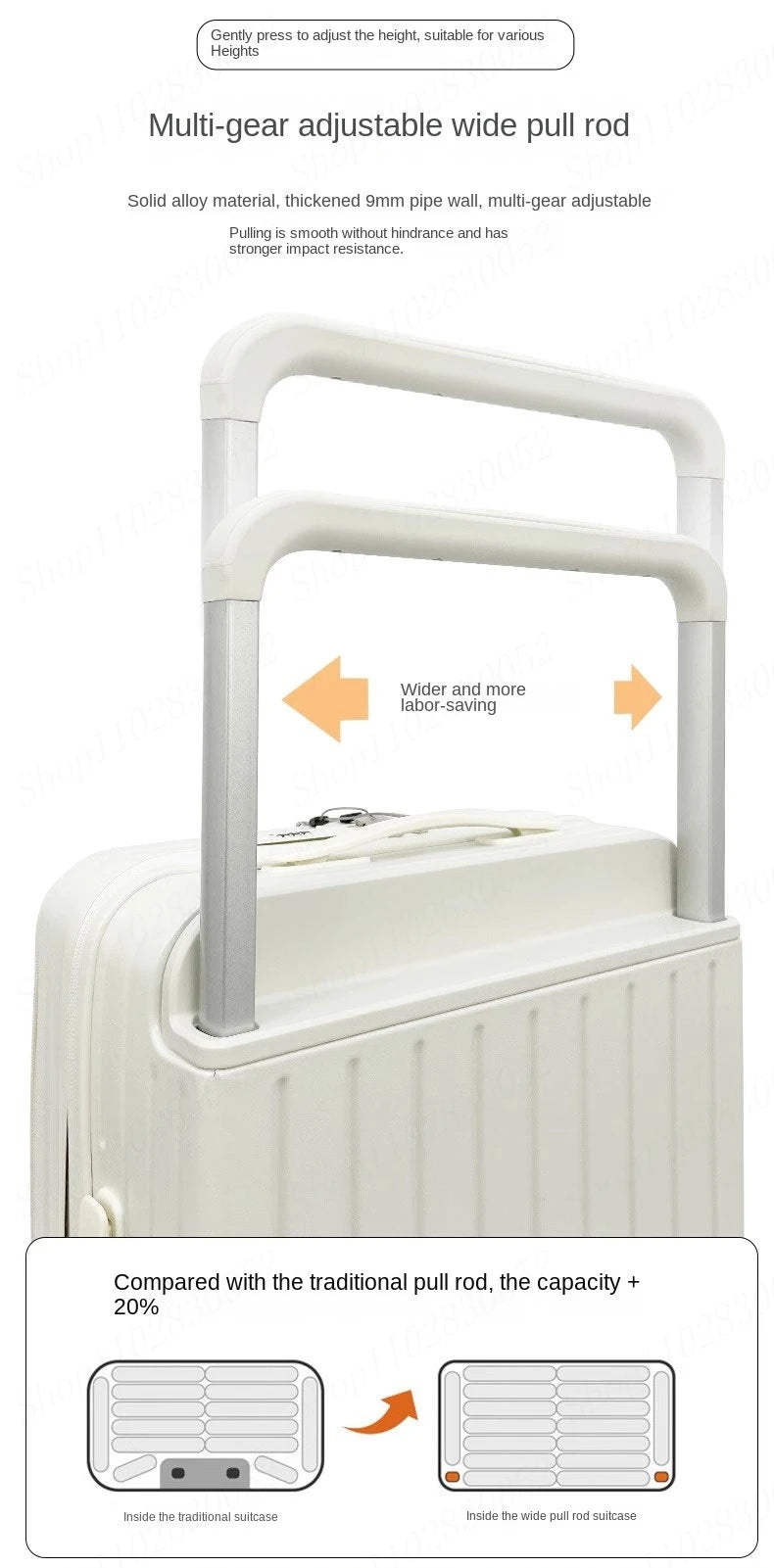 Suitcase with Large Handle and Front Opening for Computer and USB Charging