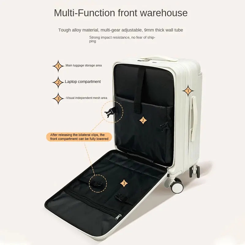 Suitcase with Large Handle and Front Opening for Computer and USB Charging