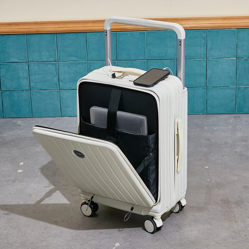 Suitcase with Large Handle and Front Opening for Computer and USB Charging