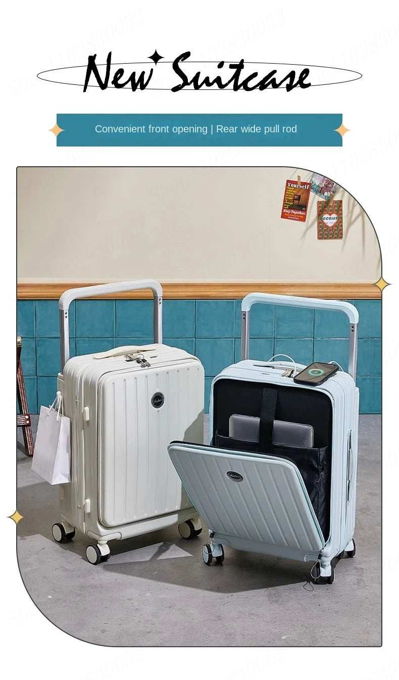 Suitcase with Large Handle and Front Opening for Computer and USB Charging