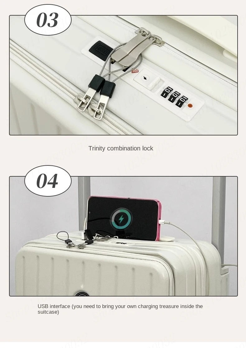 Suitcase with Large Handle and Front Opening for Computer and USB Charging