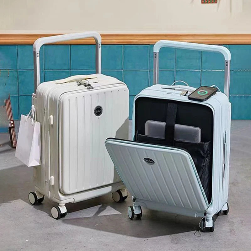 Suitcase with Large Handle and Front Opening for Computer and USB Charging