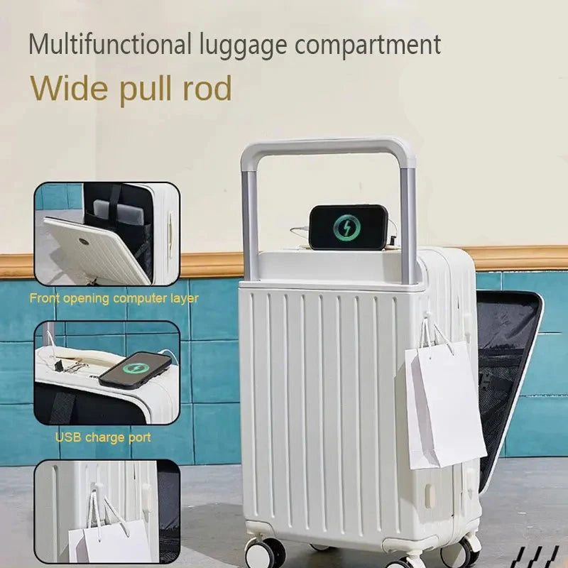 Suitcase with Large Handle and Front Opening for Computer and USB Charging